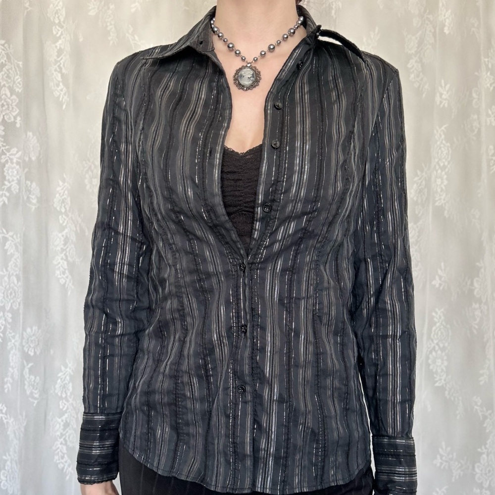 2000s Office Siren Black Pinstripe Blouse